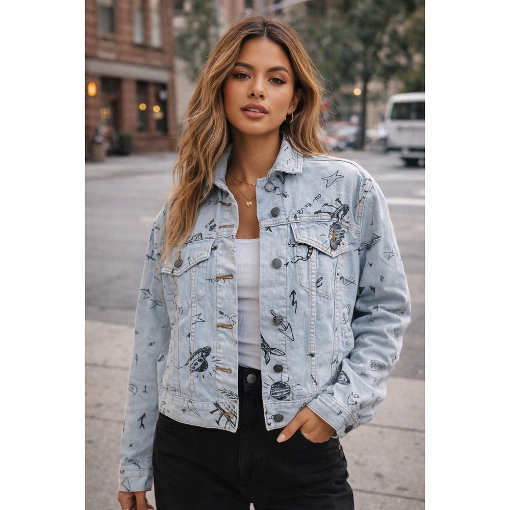 BDG Urban Outfitters Doodle Print Denim Jacket Light Wash UFO Graphic Womens M